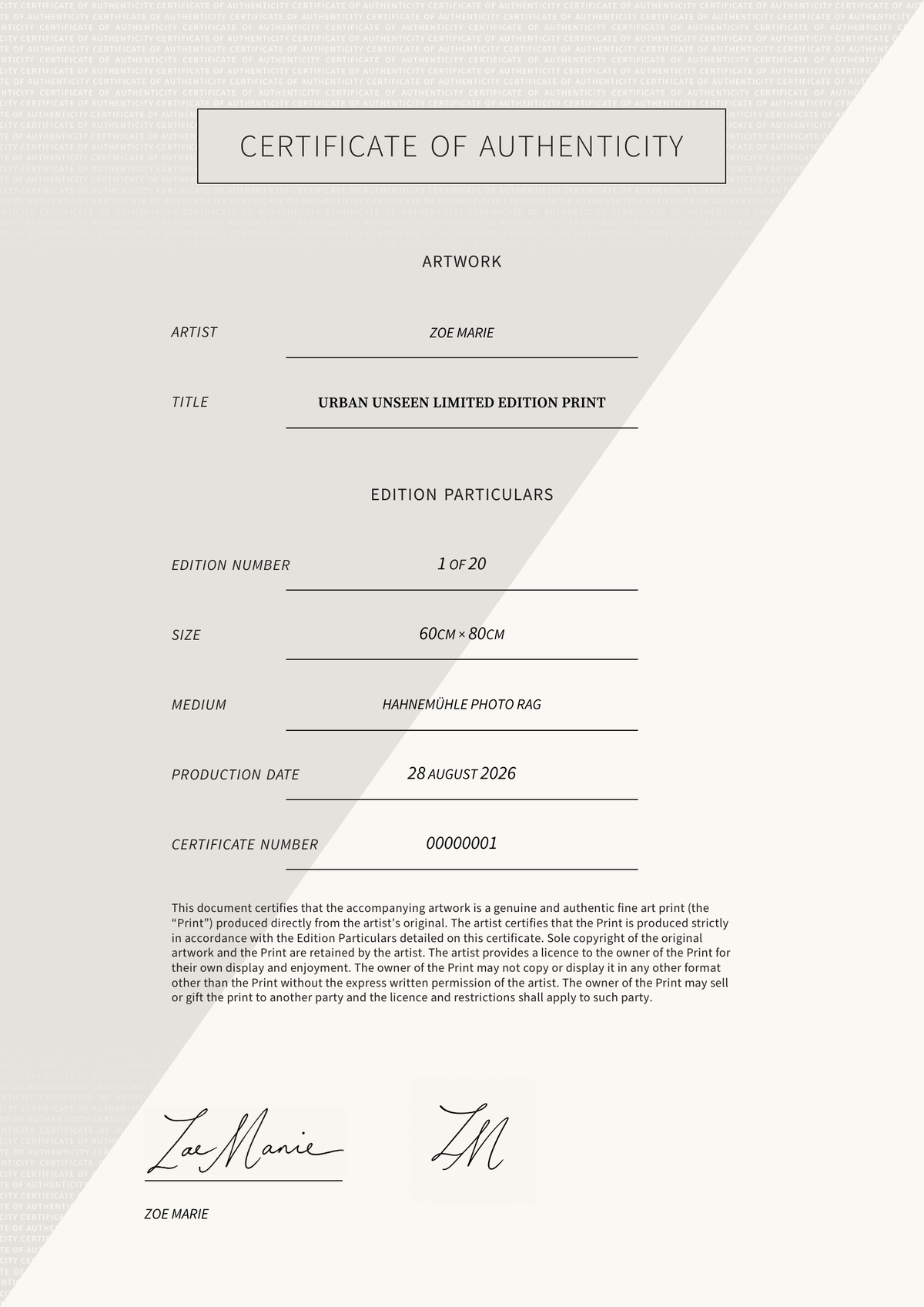 Urban Unseen limited edition print — Certificate of Authenticity