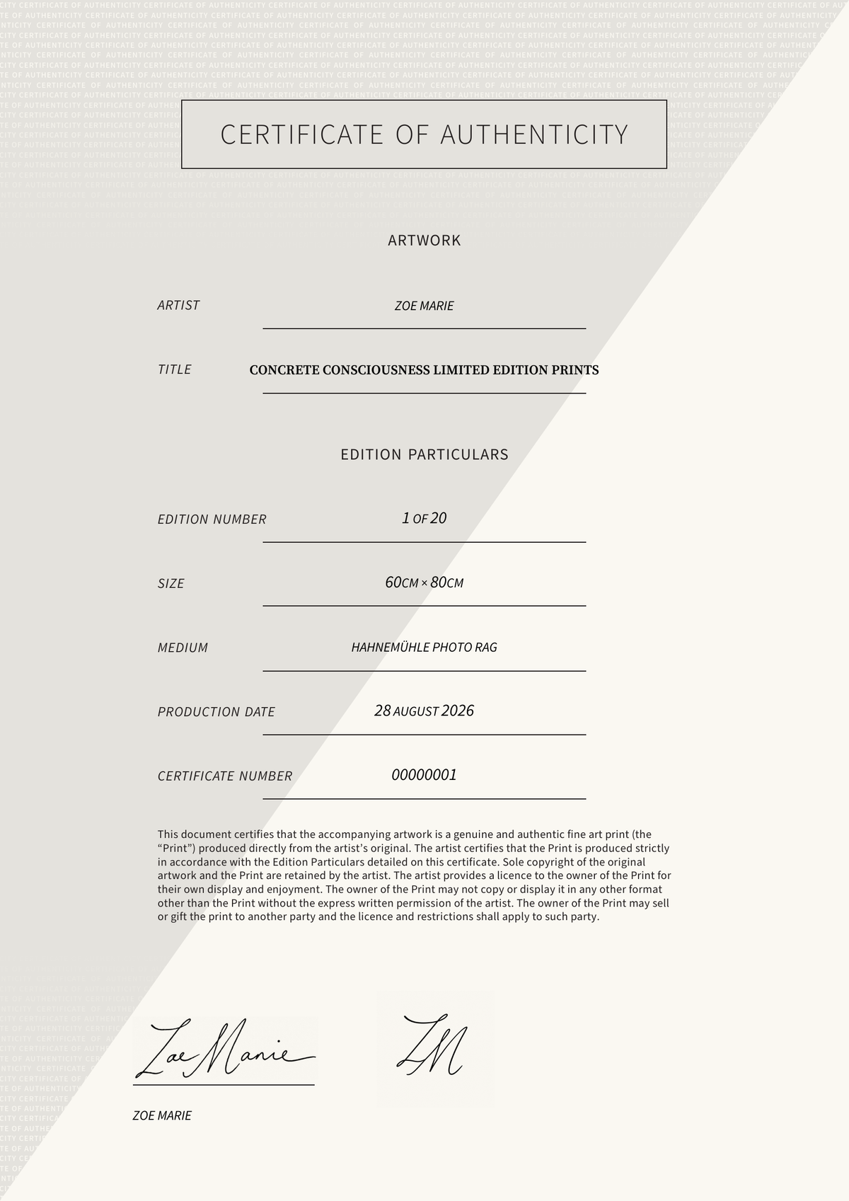 Concrete Consciousness limited edition prints — Certificate of Authenticity