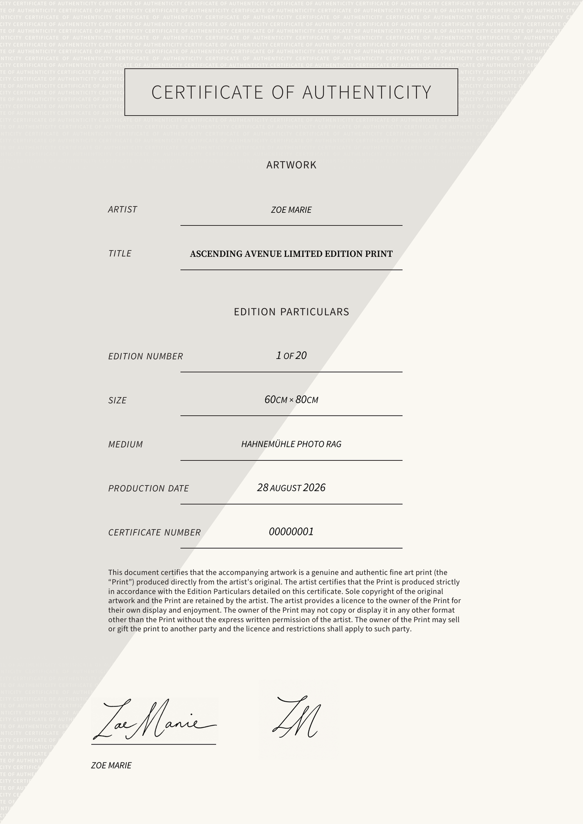 Ascending Avenue limited edition print — Certificate of Authenticity