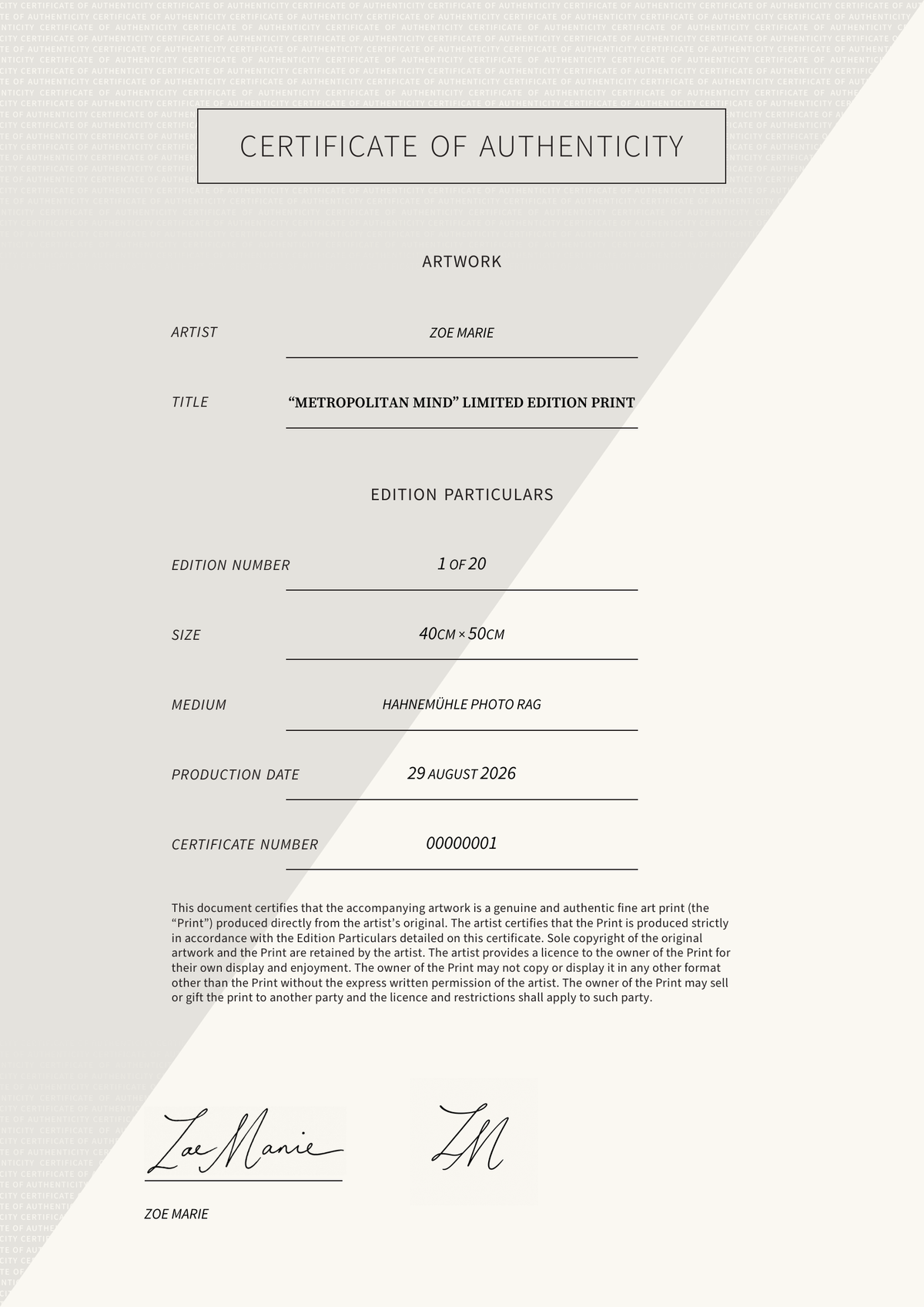 “Metropolitan Mind” limited edition print — Certificate of Authenticity
