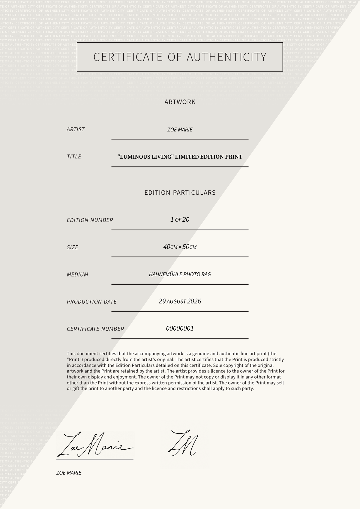 “Luminous Living” limited edition print — Certificate of Authenticity
